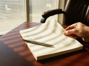 Wit bankafschrift op mahoniehouden bureau met zilveren pen, natuurlijk licht door jaloezieën in professionele kantooromgeving