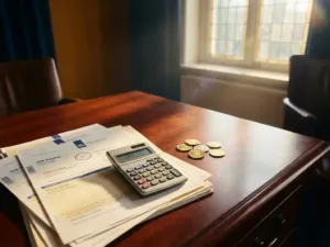 Nederlandse belastingdocumenten en taxatierapporten op mahoniehout bureau met zilveren rekenmachine en gouden munten in warm zonlicht