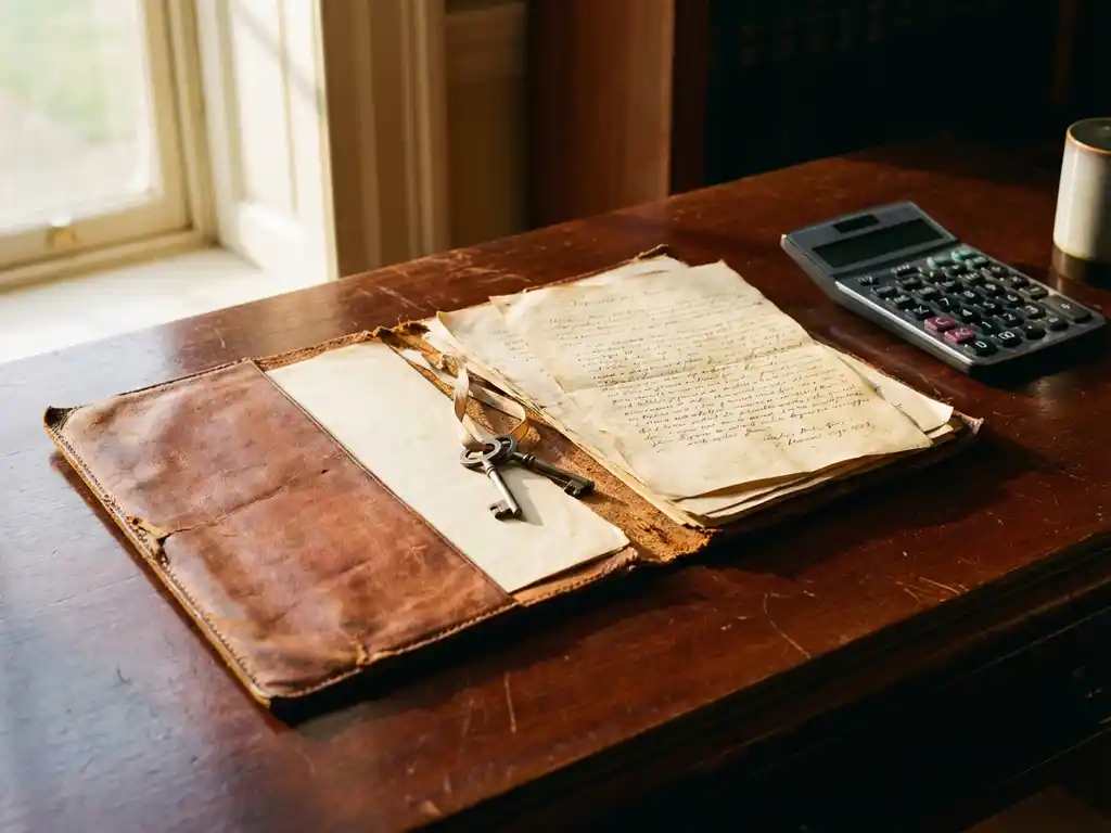 Opengeslagen leren documentenmap met vintage eigendomsaktes en huissleutels op mahonie bureau, calculator ernaast