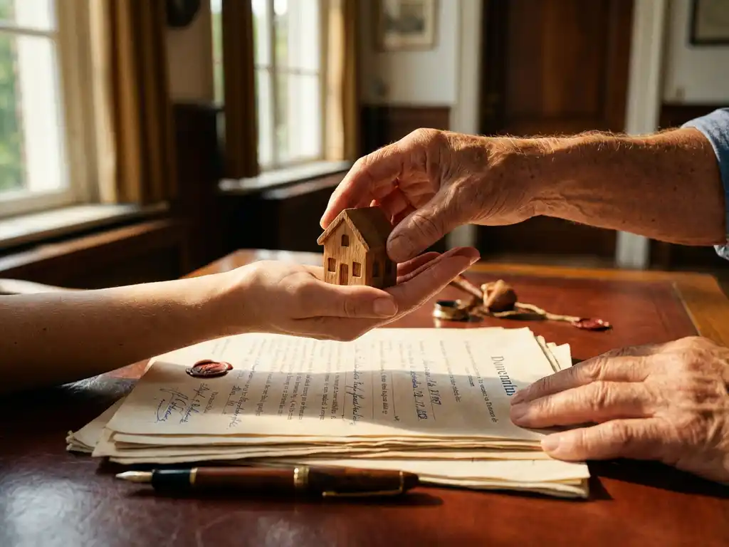 Oudere handen overhandigen houten huismodel aan jongere handen boven mahonieholten bureau met Nederlandse documenten