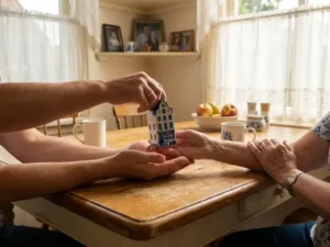 Ouderlijke handen overhandigen miniatuur Nederlands huismodel aan volwassen kind aan houten keukentafel met zachte middaglicht