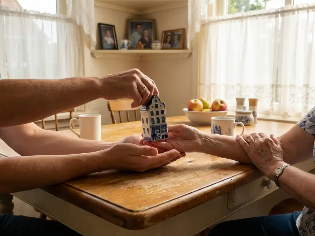 Ouderlijke handen overhandigen miniatuur Nederlands huismodel aan volwassen kind aan houten keukentafel met zachte middaglicht