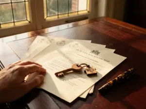 Houten huissleutel met huisvormige sleutelhanger op Nederlandse erfenisdocumenten met officiële zegels op mahonie bureau