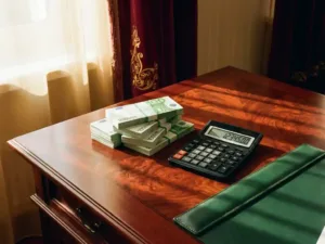 Stapel van honderd euro bankbiljetten op mahonie bureau naast zwarte rekenmachine in warm zonlicht