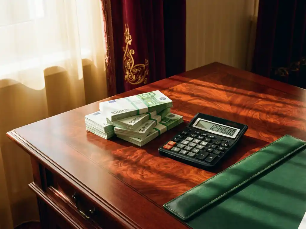 Stapel van honderd euro bankbiljetten op mahonie bureau naast zwarte rekenmachine in warm zonlicht