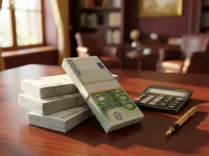 Stapel van honderd-eurobiljetten op mahonie bureau met rekenmachine en gouden pen, natuurlijk licht creëert schaduwen