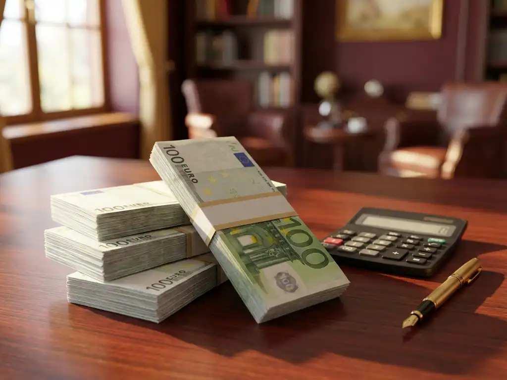 Stapel van honderd-eurobiljetten op mahonie bureau met rekenmachine en gouden pen, natuurlijk licht creëert schaduwen