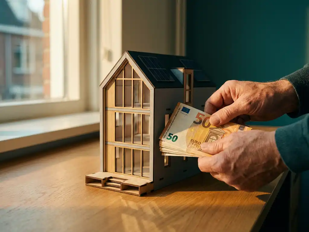Eurobiljetten worden uit architectuurmodel van modern Nederlands huis gehaald op houten bureau