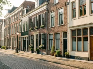Elegante Amsterdamse grachtenpanden met gevarieerde architectuur langs geplaveide straat in warm middaglicht