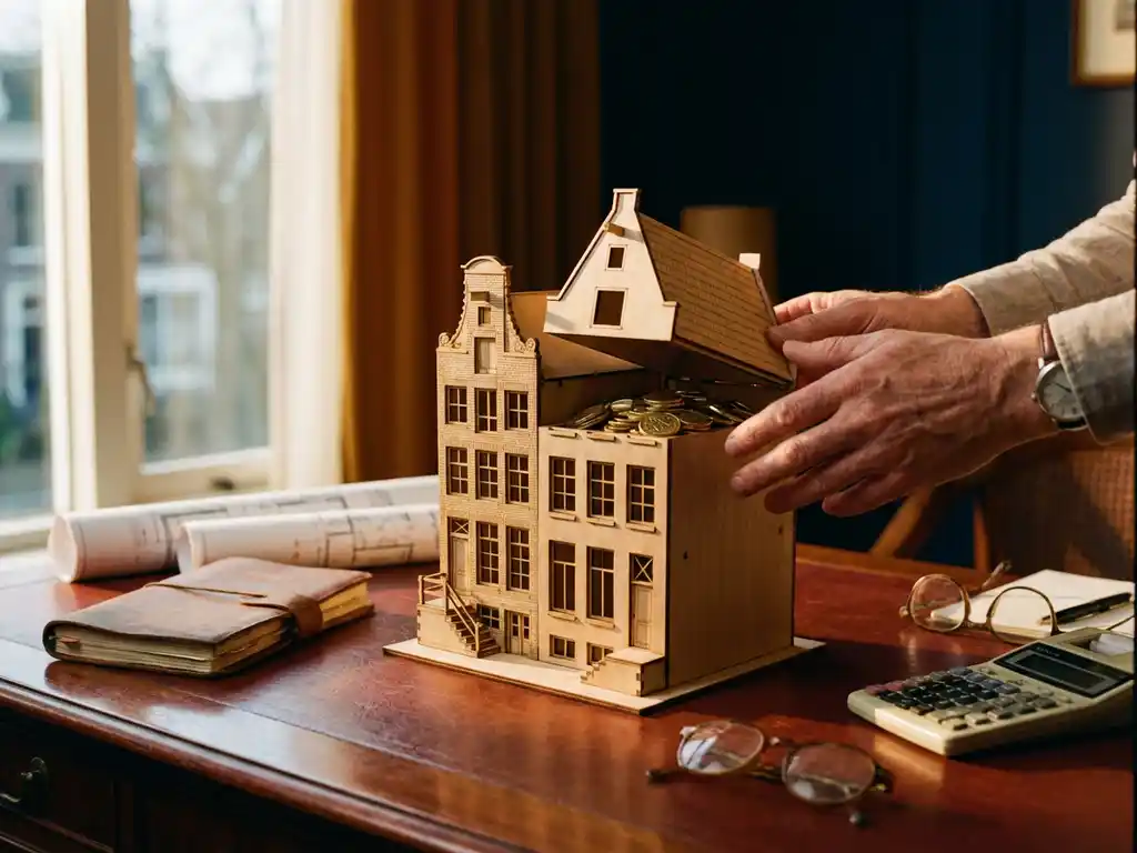 Architectuurmodel van Nederlands huis met afneembaar dak toont gouden munten binnen, handen reiken ernaar op mahonie bureau