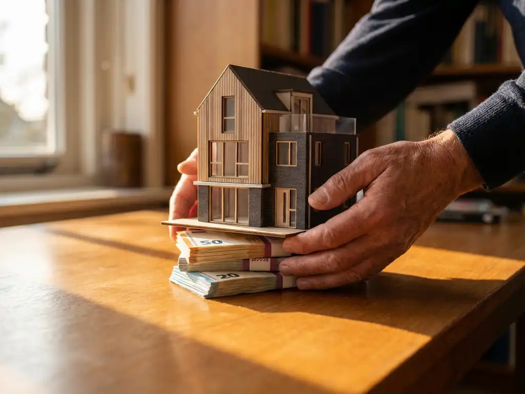 Handen houden architectuurmodel van modern Nederlands huis boven stapels eurobiljetten op houten bureau