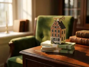Nederlands huismodel met gouden sleutel op dak, geplaatst op stapels eurobankbiljetten op mahoniehout bureau