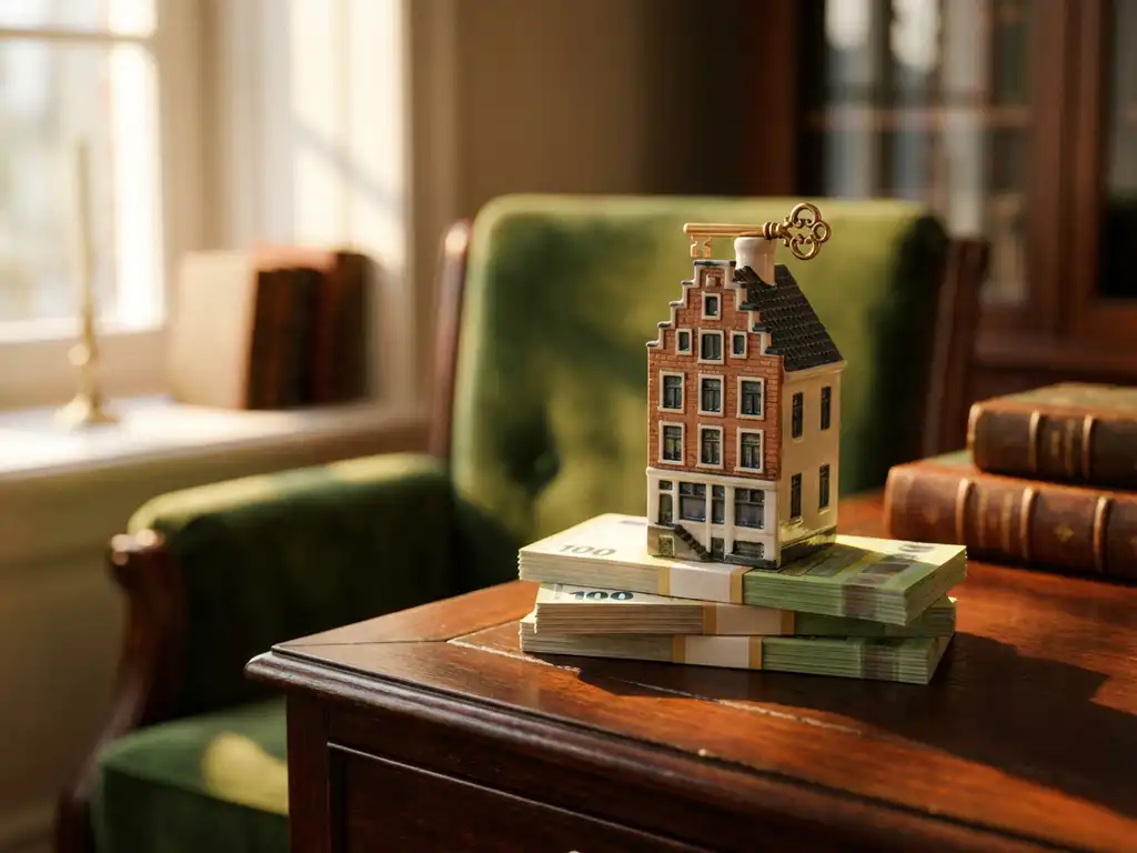 Nederlands huismodel met gouden sleutel op dak, geplaatst op stapels eurobankbiljetten op mahoniehout bureau