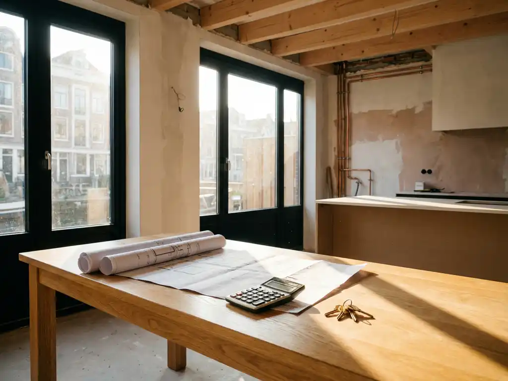 Nederlandse woning renovatie met houten balken, leidingwerk, bouwplannen op tafel met rekenmachine en huissleutels