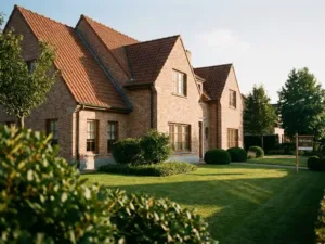 Traditioneel Nederlands huis met rode dakpannen en bakstenen gevel op verzorgd gazon in gouden avondlicht