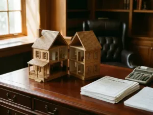 Houten huismodel gesplitst in twee helften op mahonie bureau met scheidingspapieren en rekenmachine