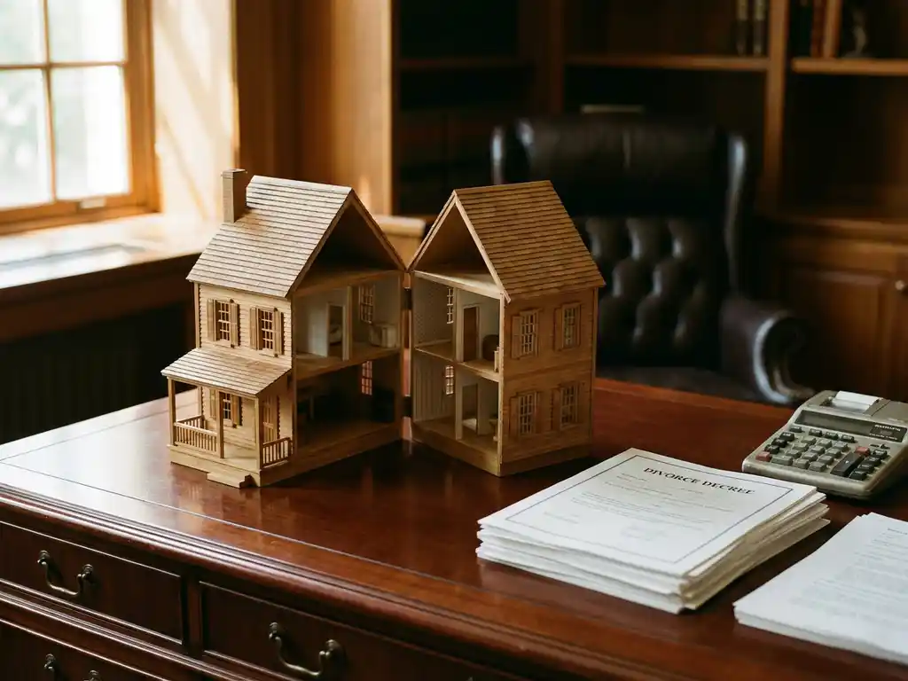 Houten huismodel gesplitst in twee helften op mahonie bureau met scheidingspapieren en rekenmachine