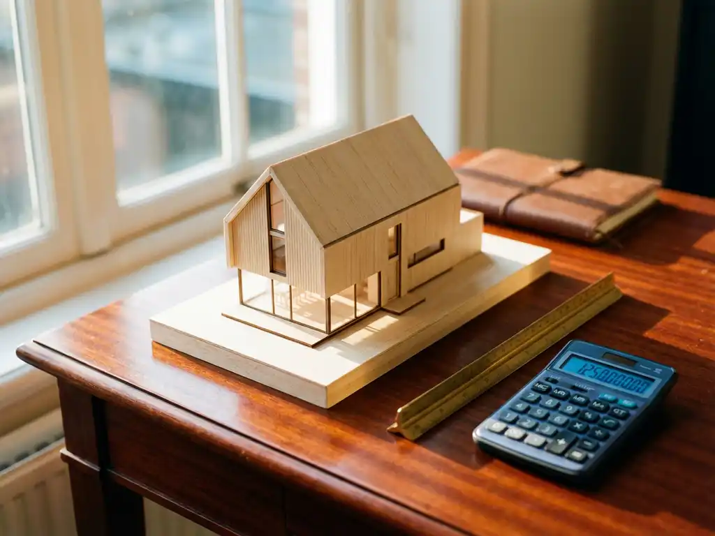 Architectuurmodel van modern Nederlands huis op mahoniehouten bureau met koperen liniaal en digitale rekenmachine