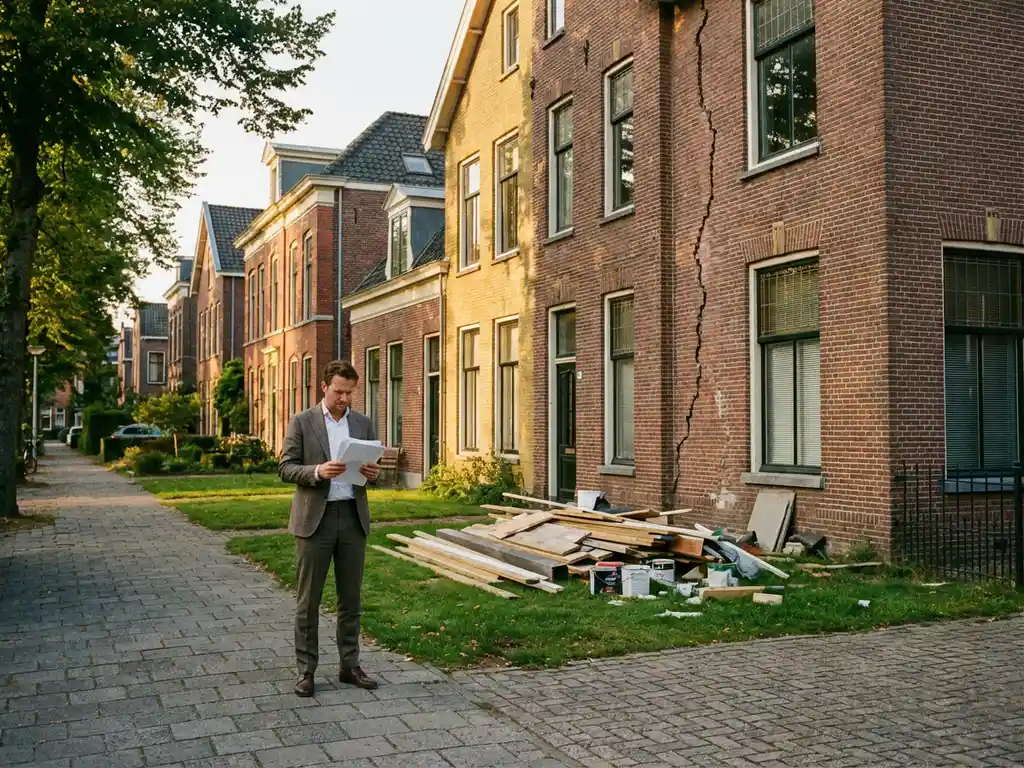 Huiseigenaar in pak bekijkt financiële documenten bij bakstenen huis met grote scheur in gevel, renovatiematerialen op gazon