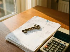 Huissleutel ligt op stapel belastingdocumenten naast rekenmachine op houten bureau in warm zonlicht
