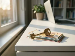 Huissleutel van messing ligt op stapel eurobiljetten op wit bureau in financieel adviseurskantoor