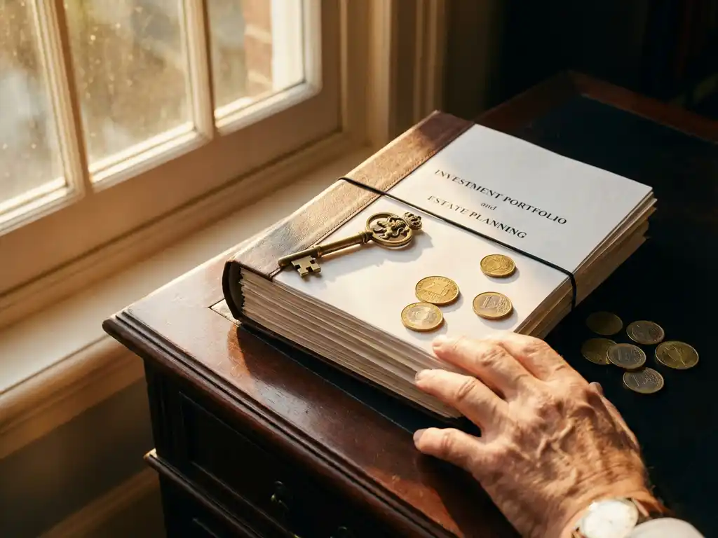 Nederlandse huissleutel op stapel investeringsdocumenten met gouden munten op mahoniehout bureau in warm zonlicht