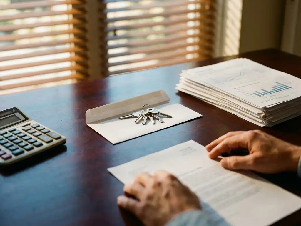 Witte envelop met huissleutels op mahonie bureau naast rekenmachine en financiële documenten, handen bekijken papierwerk
