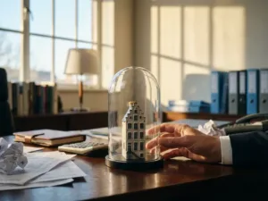 Glazen stolp beschermt miniatuur Nederlands huis model op houten bureau met financiële documenten en rekenmachine
