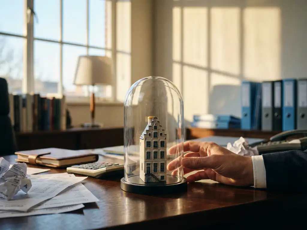 Glazen stolp beschermt miniatuur Nederlands huis model op houten bureau met financiële documenten en rekenmachine