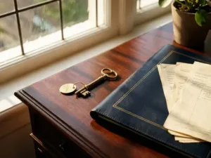 Gouden huissleutel met prijskaartje op mahonie bureau naast leren portfolio met financiële documenten in warm zonlicht