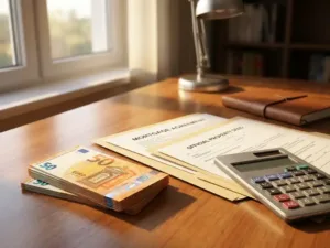 Stapel van 50-eurobiljetten op mahoniehout bureau naast hypotheekdocumenten en zilveren rekenmachine in natuurlijk licht