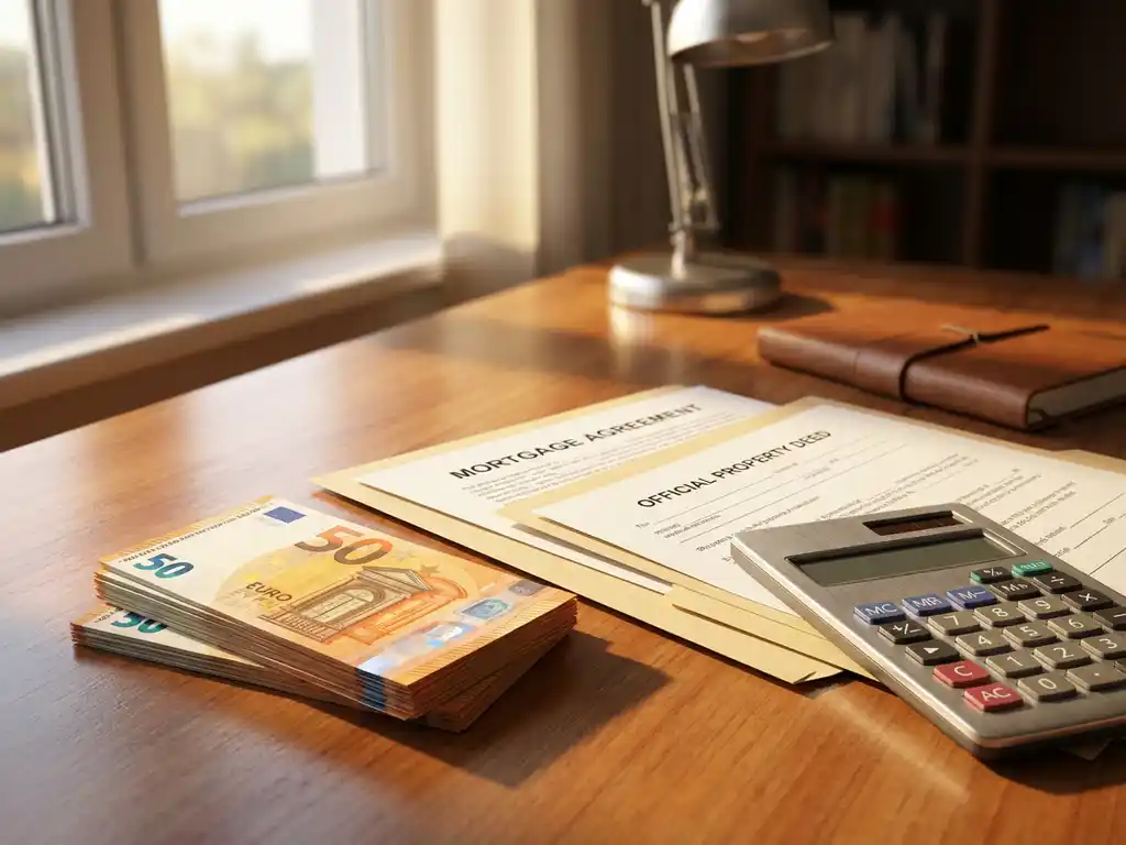 Stapel van 50-eurobiljetten op mahoniehout bureau naast hypotheekdocumenten en zilveren rekenmachine in natuurlijk licht