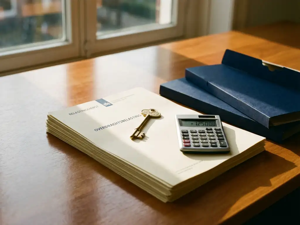 Huissleutel op stapel belastingdocumenten naast calculator met winstcijfers op houten bureau in warm zonlicht