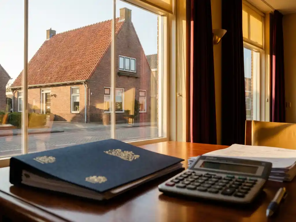 Nederlandse woning met rode dakpannen en belastingdocumenten met rekenmachine op houten bureau bij raam