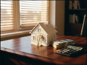 Wit huismodel met gouden sleutel op mahonie bureau naast eurobiljetten en calculator in warm zonlicht