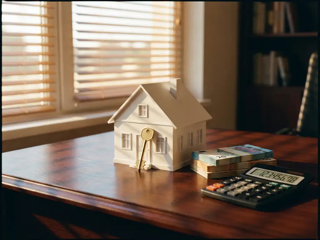 Wit huismodel met gouden sleutel op mahonie bureau naast eurobiljetten en calculator in warm zonlicht