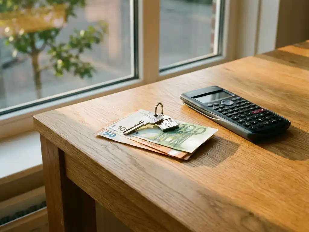 Huissleutel op stapel eurobiljetten naast rekenmachine op houten bureau met warm zonlicht