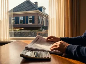 Nederlandse woning met hypotheekdocument en rekenmachine op houten tafel, warme middagzon door grote ramen