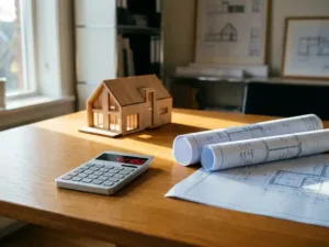 Digitale rekenmachine op houten bureau naast Nederlandse huisplannen en architectuurmodel in professioneel kantoor