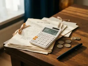 Witte rekenmachine op stapel Nederlandse huisakte documenten met gouden euromunten en zwarte pen op eiken houten tafel