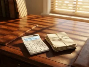 Witte rekenmachine met hypotheekberekeningen op mahonie bureau naast Nederlandse vastgoeddocumenten in gouden namiddaglicht
