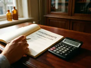 Nederlandse hypotheekdocument met €15.000 bedrag op mahoniehouden bureau naast zwarte rekenmachine, natuurlijk licht