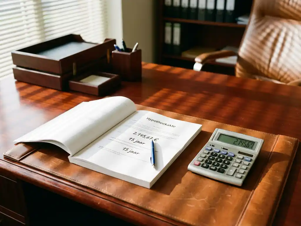 Nederlandse hypotheekdocumenten met handgeschreven berekeningen op mahonie bureau naast zilveren rekenmachine in professionele bankieromgeving