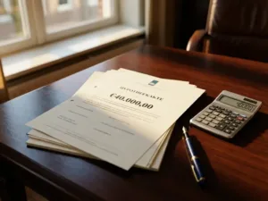 Stapel Nederlandse hypotheekdocumenten met €40.000 bedrag op mahonie bureau naast rekenmachine en vulpen