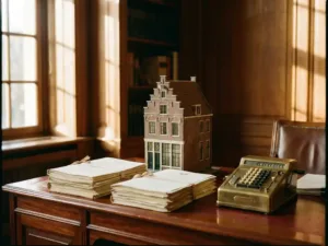Nederlandse huismodel op mahonie bureau naast hypotheekdocumenten en messing calculator in warm zonlicht