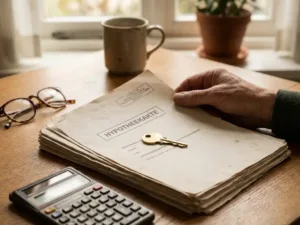 Gouden huissleutel op stapel Nederlandse hypotheekdocumenten met rekenmachine en leesbril op eiken bureau