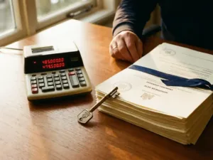 Nederlandse huissleutel op stapel hypotheekdocumenten naast rekenmachine met dalende cijfers op houten bureau in warm zonlicht