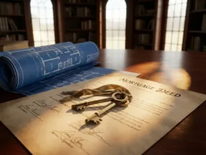 Elegante huissleutels op hypotheekdocument met blauwdrukken op mahoniehout bureau in financieel adviseurskantoor