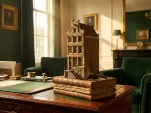 Gedetailleerd architectuurmodel van Nederlands huis op stapel hypotheekdocumenten met vergrootglas dat eurosymbolen in fundering toont