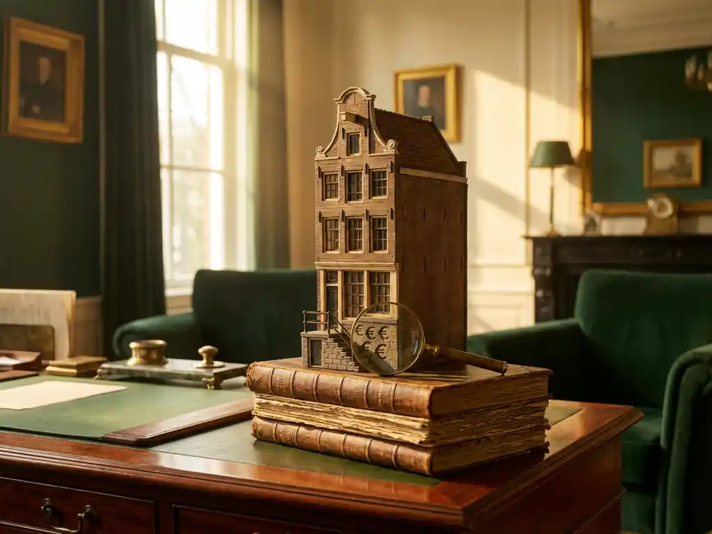 Gedetailleerd architectuurmodel van Nederlands huis op stapel hypotheekdocumenten met vergrootglas dat eurosymbolen in fundering toont